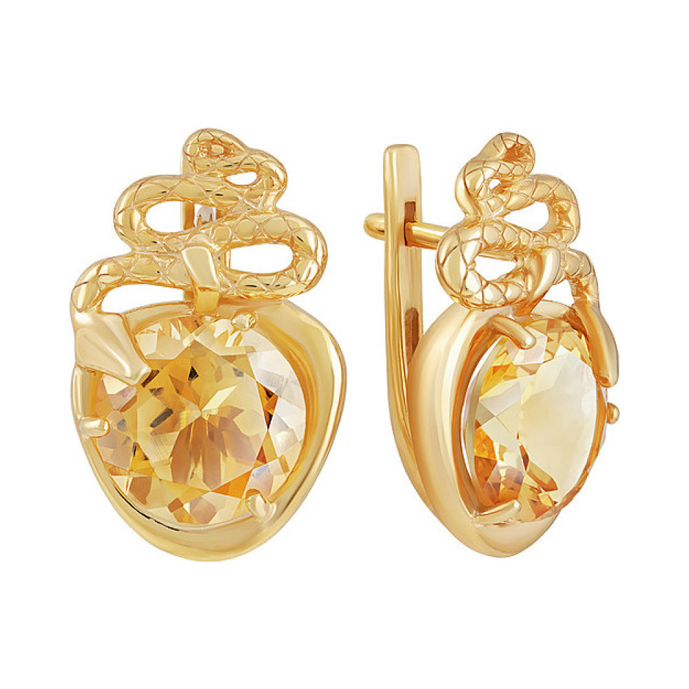 Серебряные серьги с цитрином и золотым покрытием № 133944