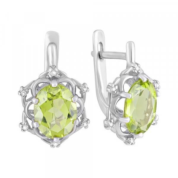 Серебряные серьги с хризолитом и фианитом № 123235