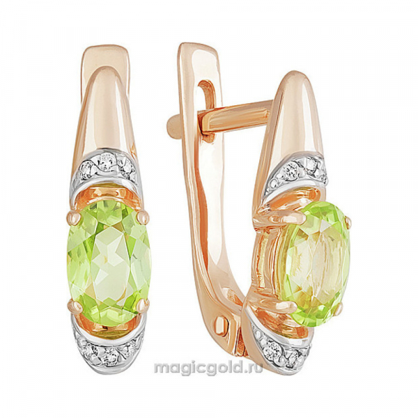 Золотые серьги с хризолитом и фианитом № 142197