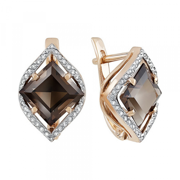 Золотые серьги с раухтопазом и фианитом № 131875