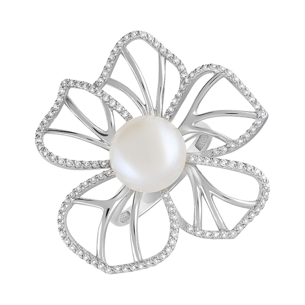 Серебряное кольцо с жемчугом и фианитом № 129223