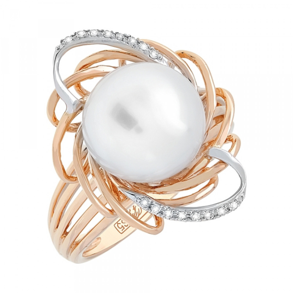 Золотое кольцо с бриллиантом и жемчугом № 113726