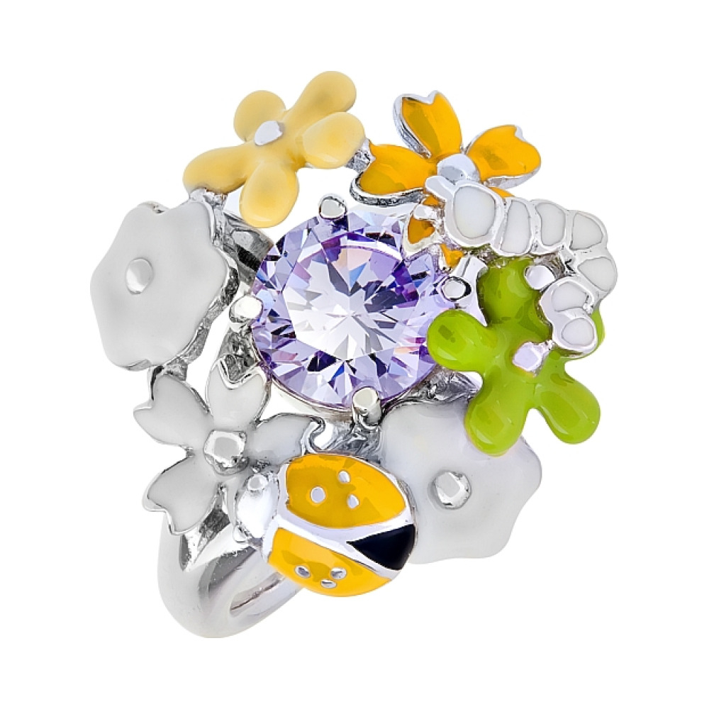 Серебряное кольцо с фианитом и эмалью № 106162