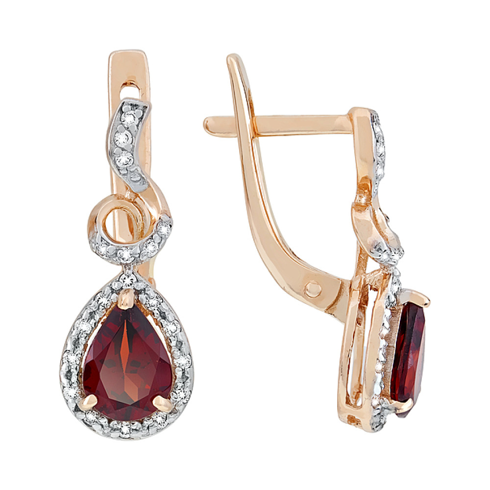 Золотые серьги с гранатом и фианитом № 116962