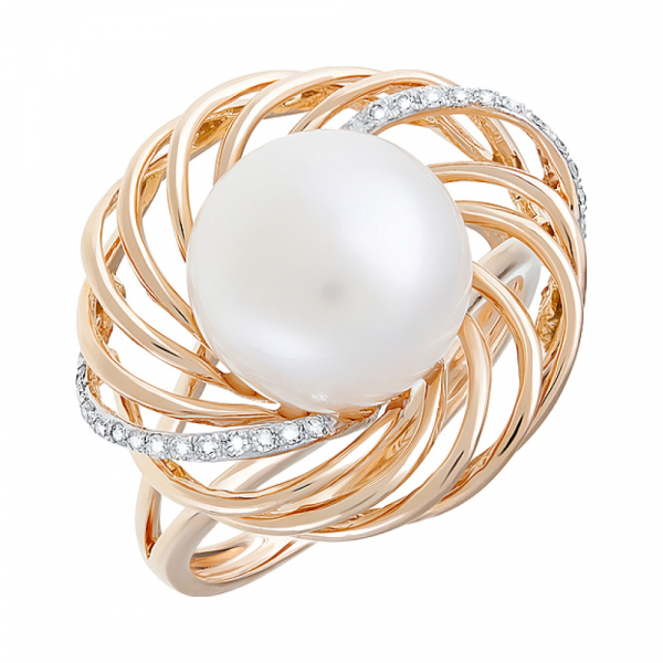 Золотое кольцо с бриллиантом и жемчугом № 113761