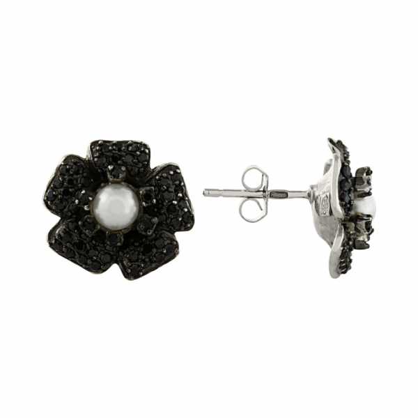 Серебряные серьги с имитац. жемчуга и фианитом № 82551