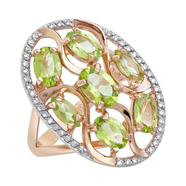 Золотое кольцо с хризолитом и фианитом № 119258