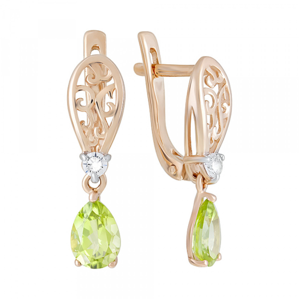 Золотые серьги с хризолитом и фианитом № 124514