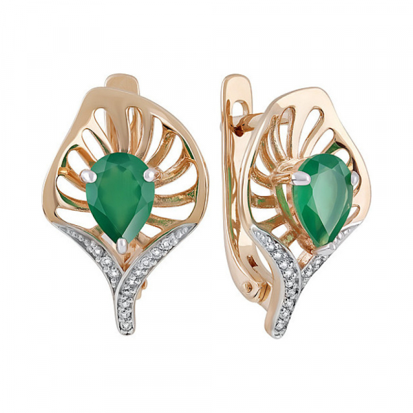 Золотые серьги с зеленым ониксом и фианитом № 130085