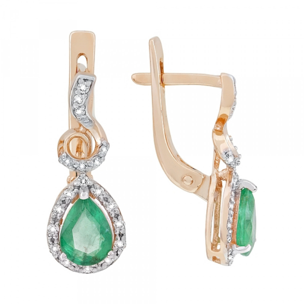 Золотые серьги с бриллиантом и изумрудом № 116975