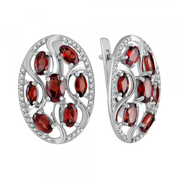 Серебряные серьги с гранатом и фианитом № 132823