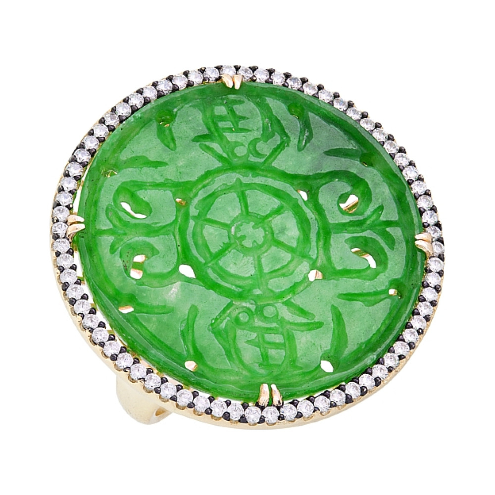 Серебряное кольцо с нефритом, фианитом и золотым покрытием № 118155