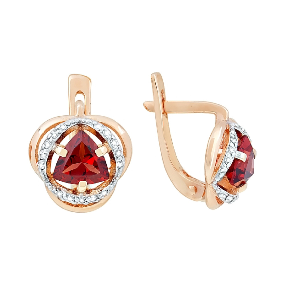 Золотые серьги с гранатом и фианитом № 117580