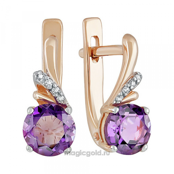 Золотые серьги с аметистом и фианитом № 133372
