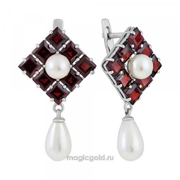 Серебряные серьги с гранатом, жемчугом и перламутровым жемчугом № 134765