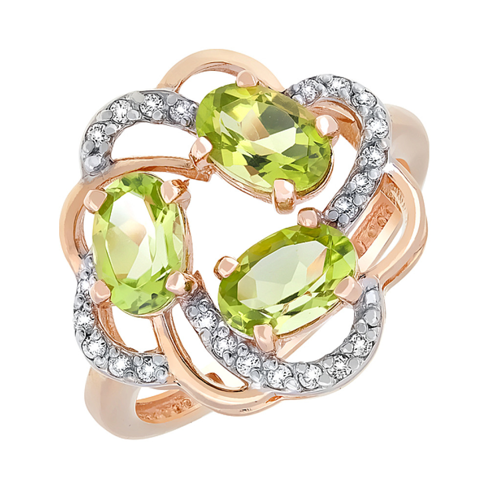 Золотое кольцо с хризолитом и фианитом № 116487