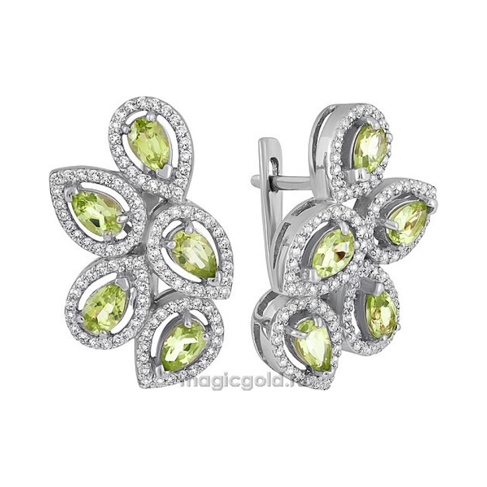 Серебряные серьги с хризолитом и фианитом № 134190