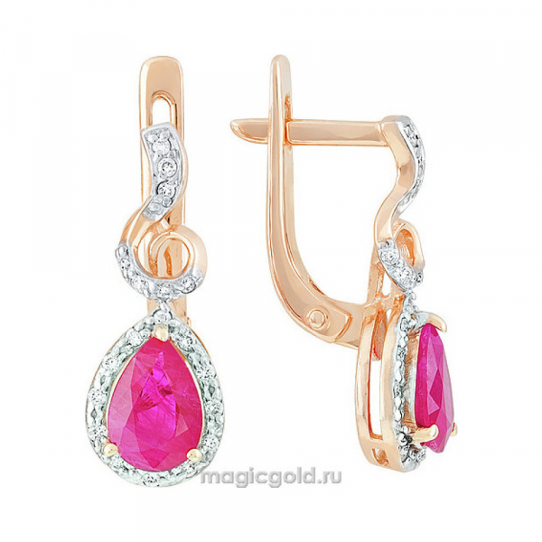Золотые серьги с бриллиантом и рубином № 117801