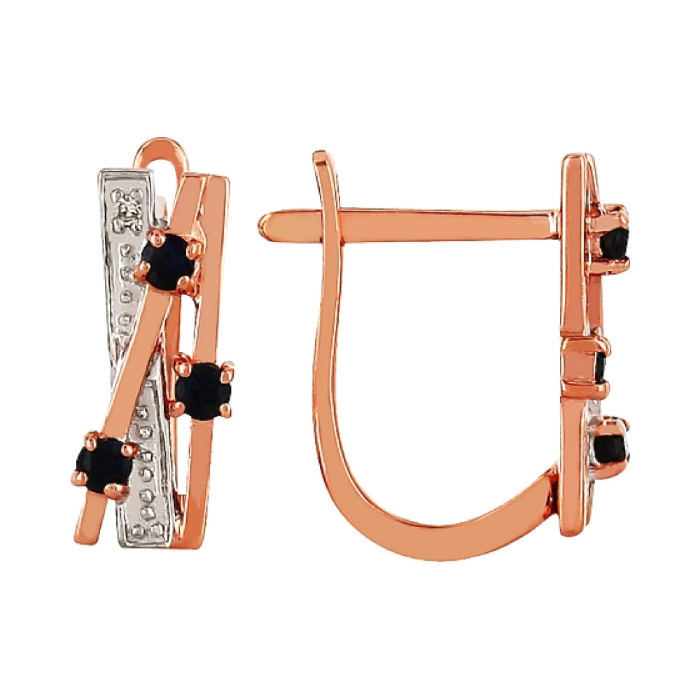 Золотые серьги с бриллиантом и чёрным сапфиром № 96081