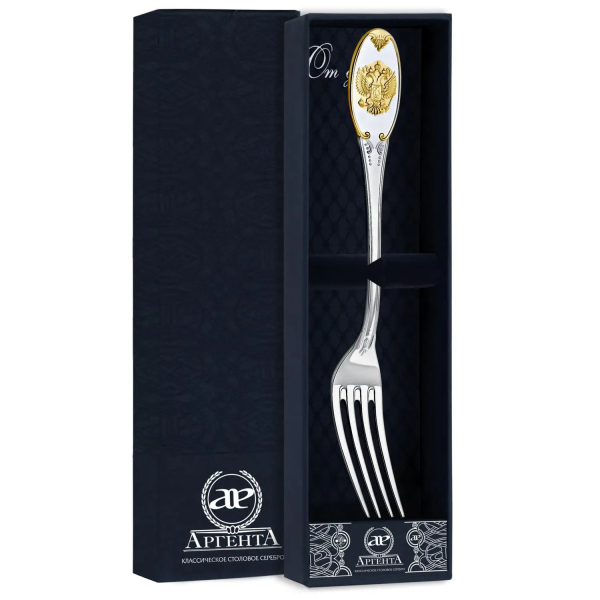 Вилка столовая Единство с позолотой в футляре из серебра 925 пробы