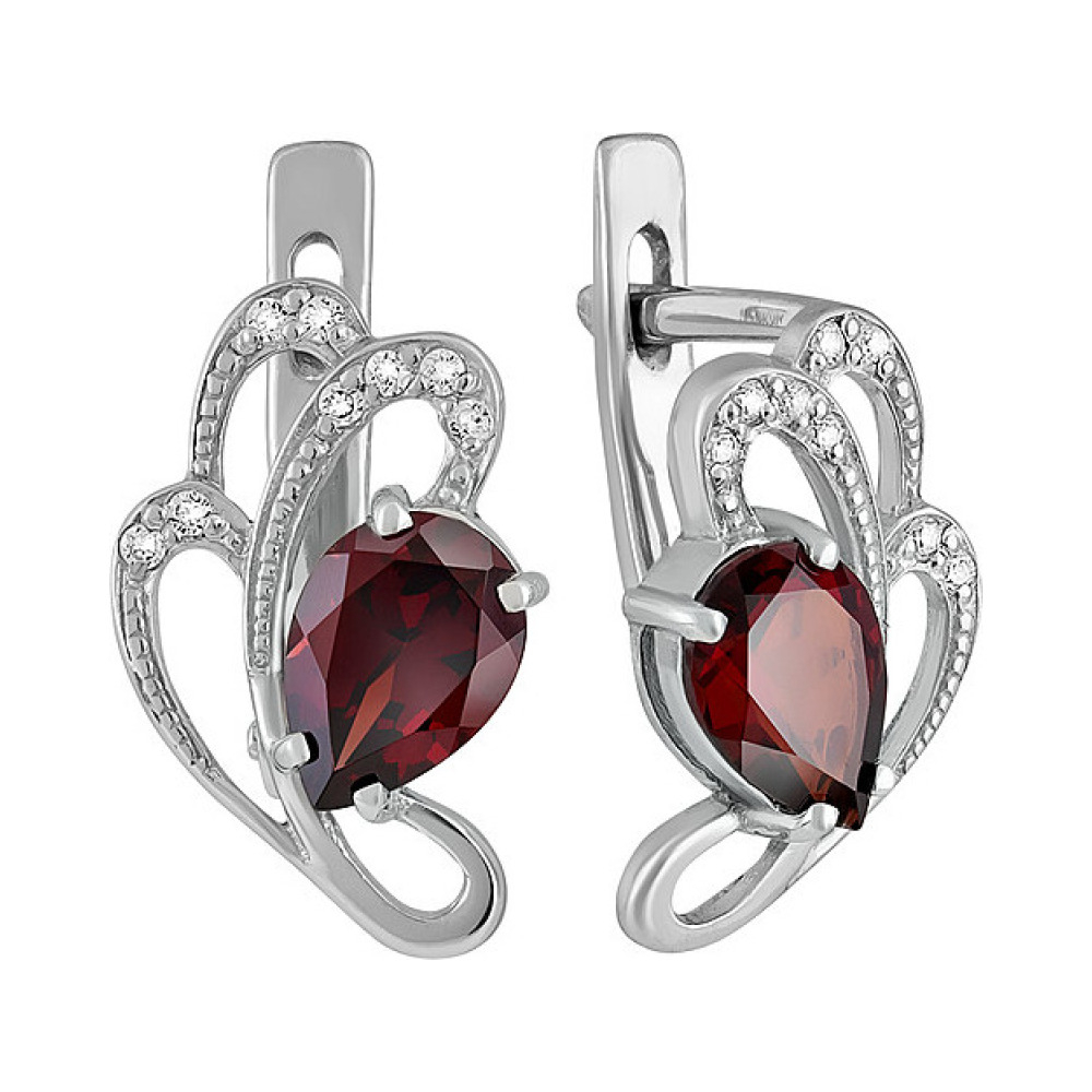 Серебряные серьги с гранатом и фианитом № 132771