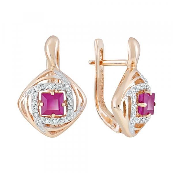 Золотые серьги с бриллиантом и рубином № 120361