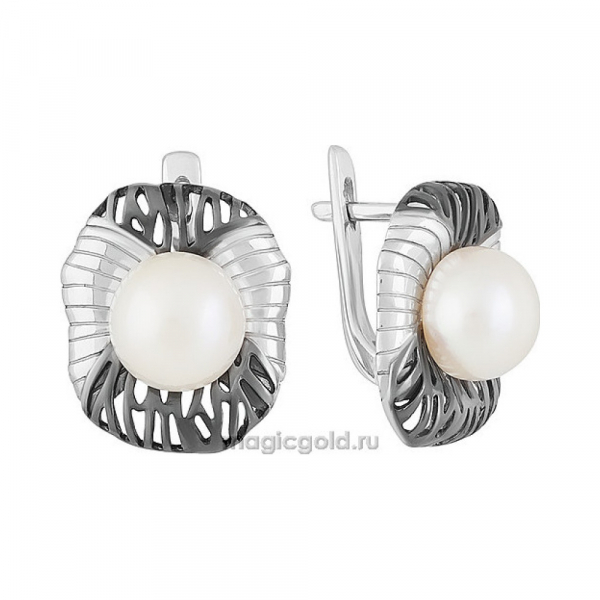 Серебряные серьги с жемчугом, фианитом и черным покрытием № 151357