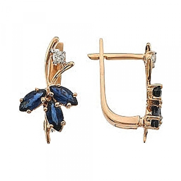 Золотые серьги с бриллиантом и сапфиром № 64132