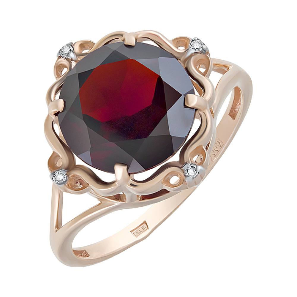 Золотое кольцо с гранатом и фианитом № 124602