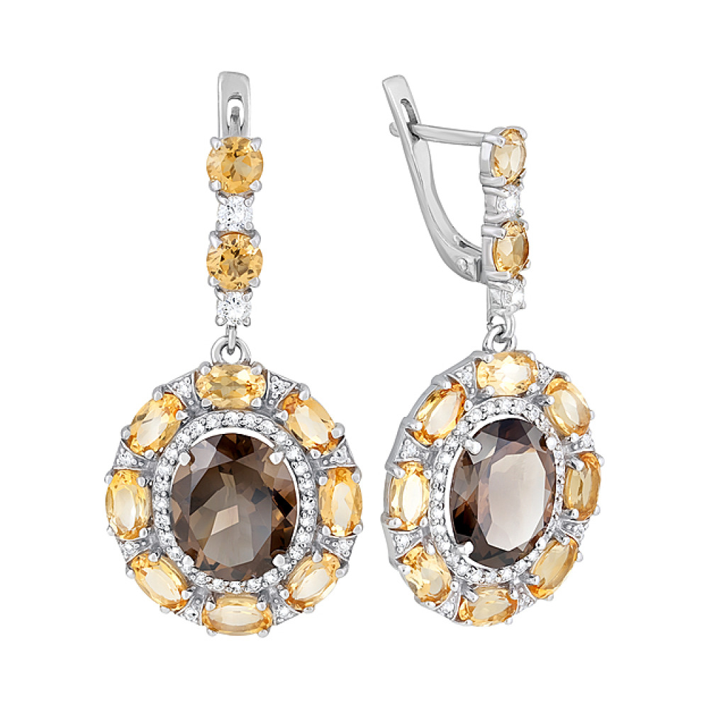 Серебряные серьги с полудрагоценными  вставками и фианитом № 126929