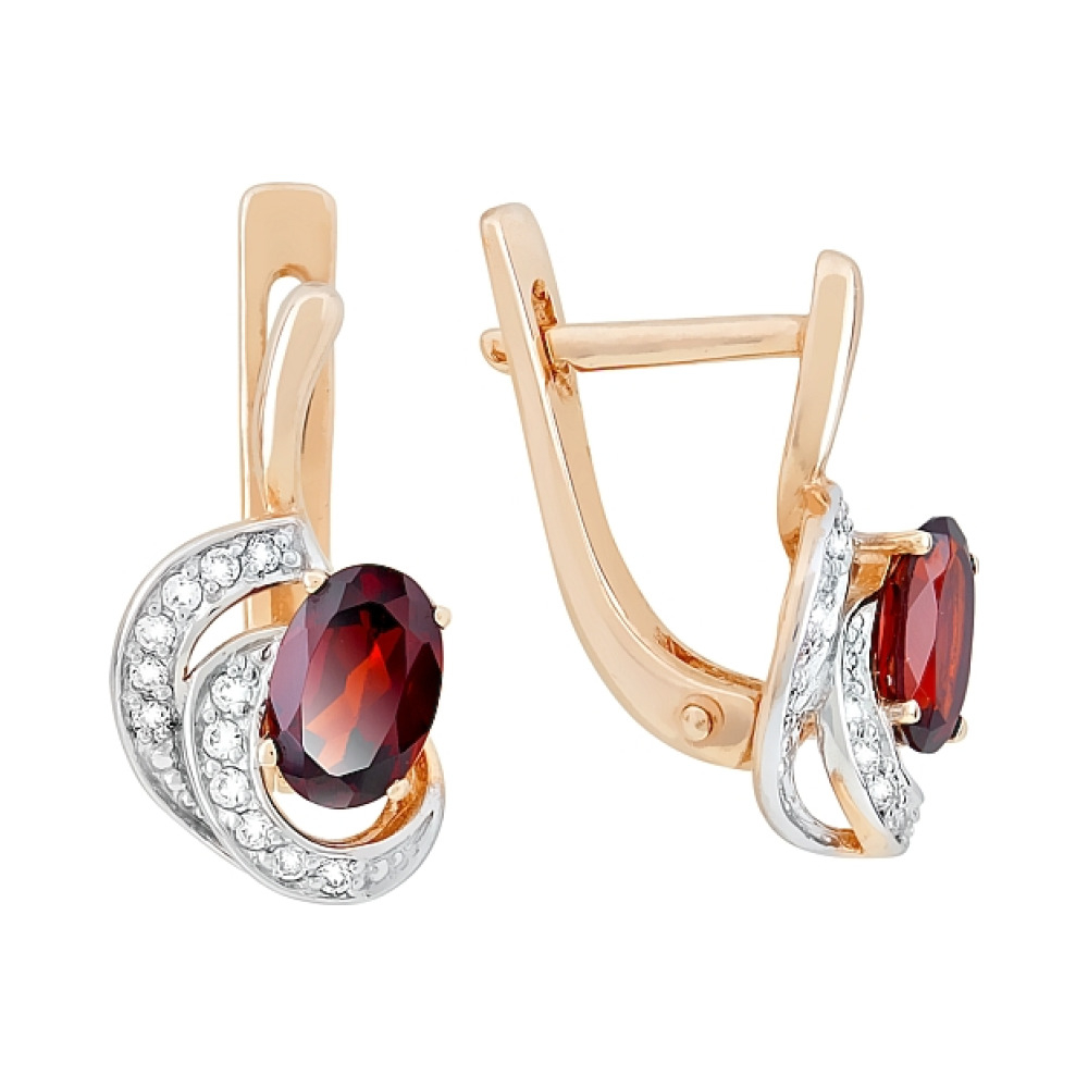 Золотые серьги с гранатом и фианитом № 105394