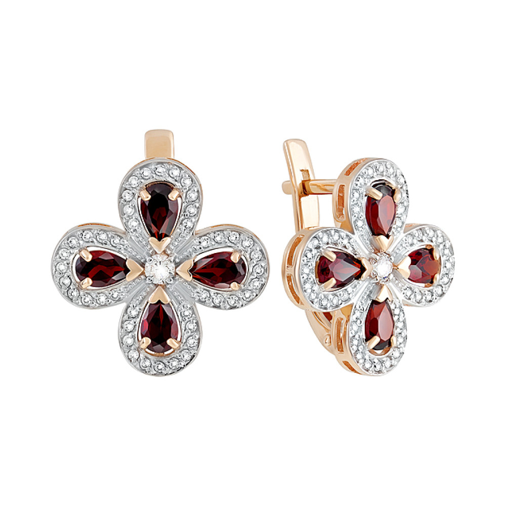 Золотые серьги с гранатом и фианитом № 128497