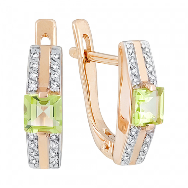 Золотые серьги с хризолитом и фианитом № 128699