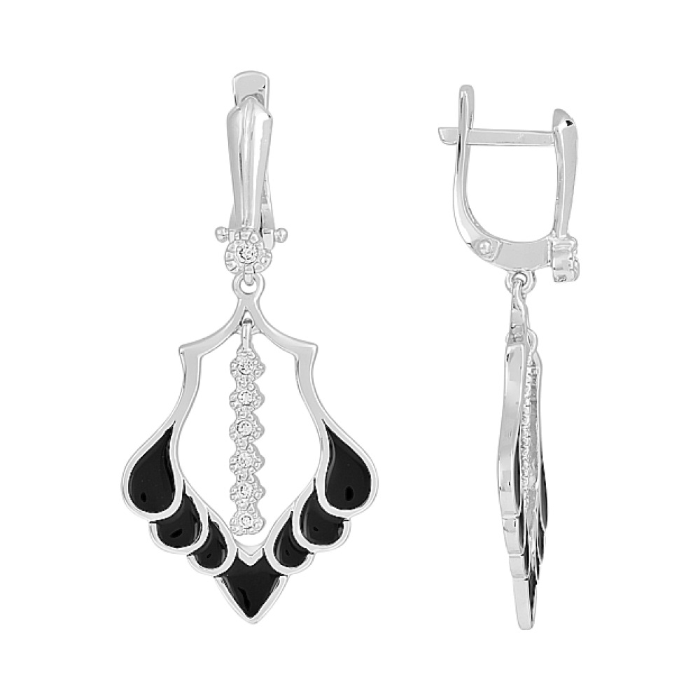 Серебряные серьги с фианитом и эмалью № 115221