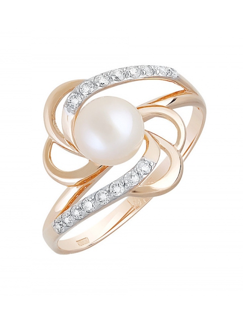 Золотое кольцо с жемчугом и фианитом № 127282