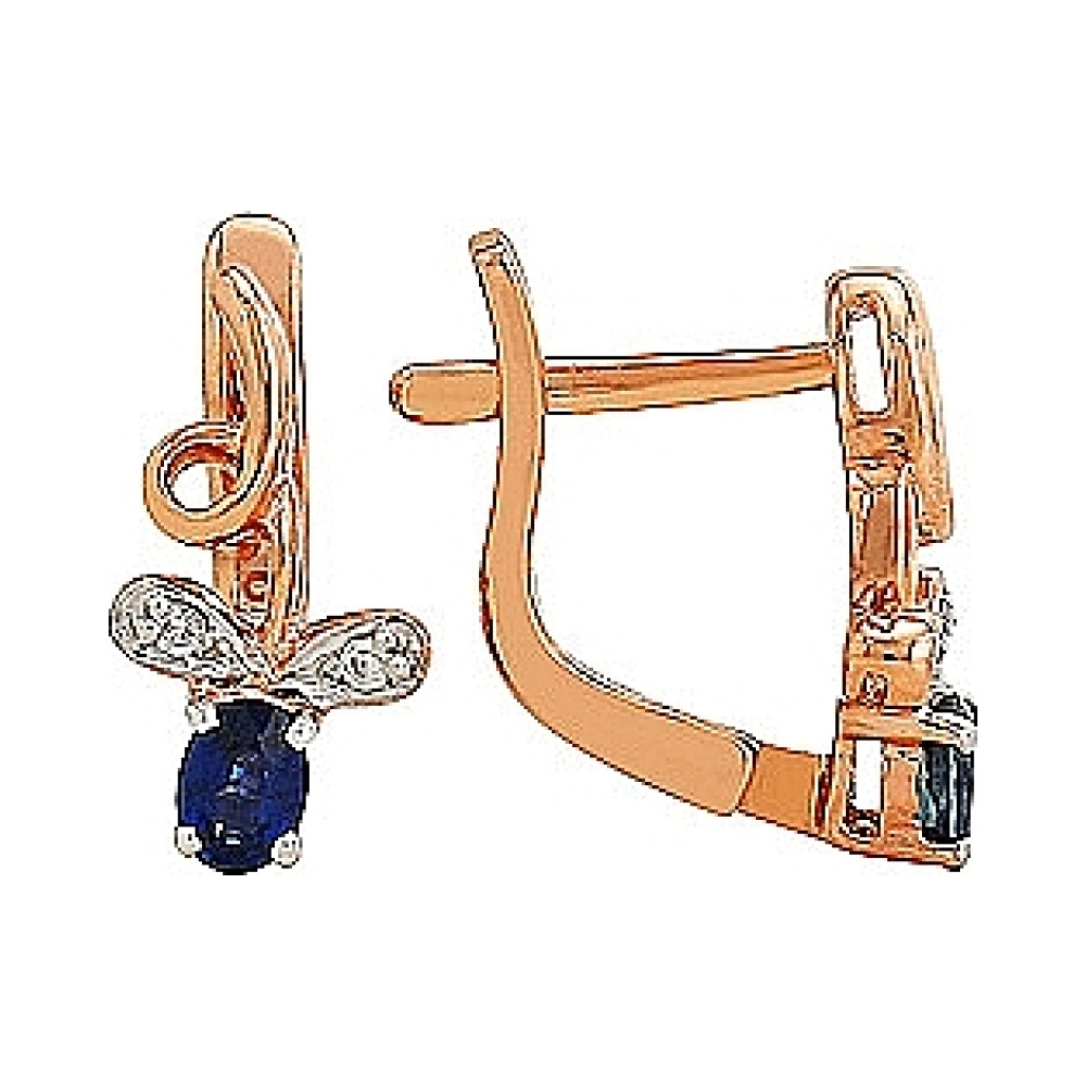 Золотые серьги с бриллиантом и сапфиром № 81989