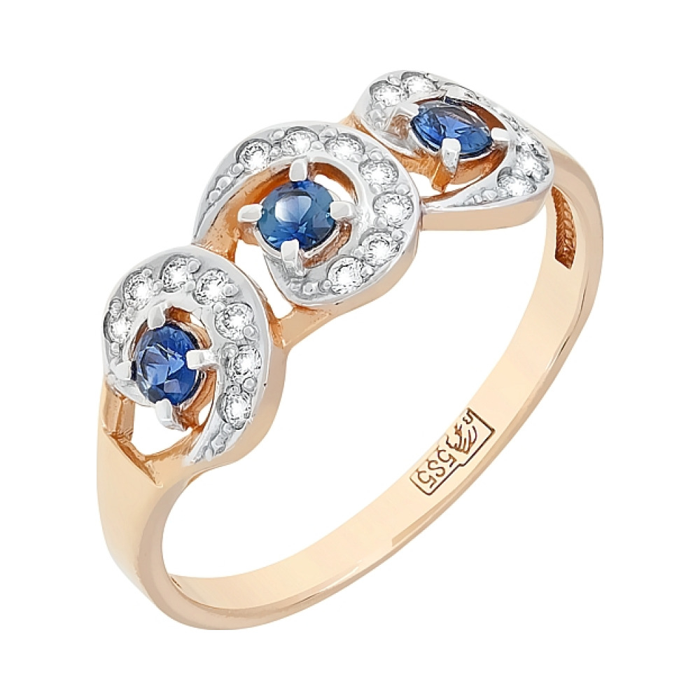 Золотое кольцо с бриллиантом и сапфиром № 95453