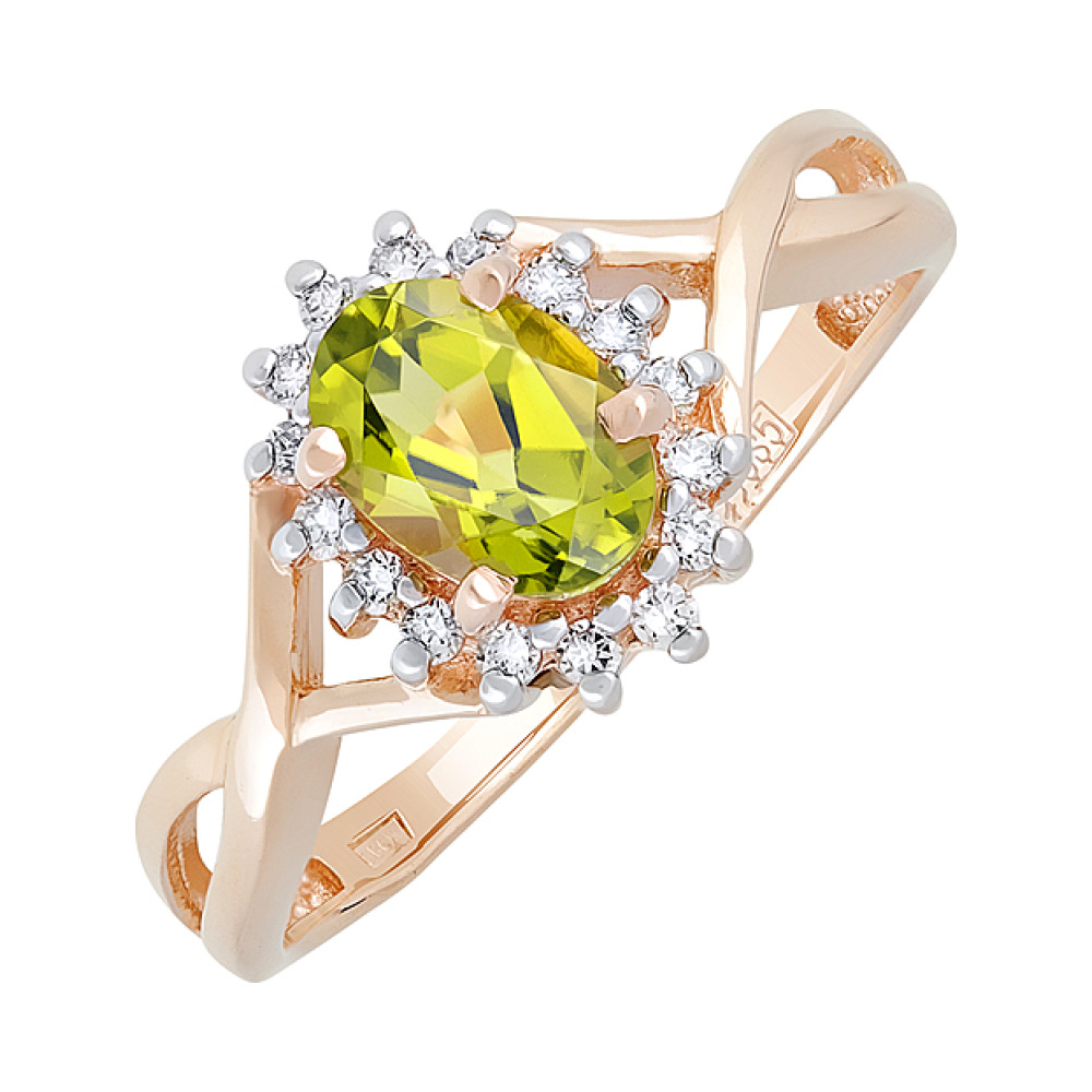 Золотое кольцо с хризолитом и фианитом № 126374