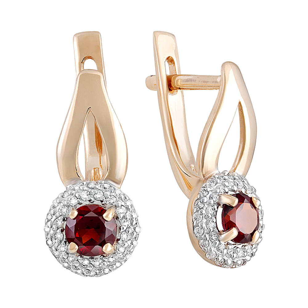 Золотые серьги с гранатом и фианитом № 128494