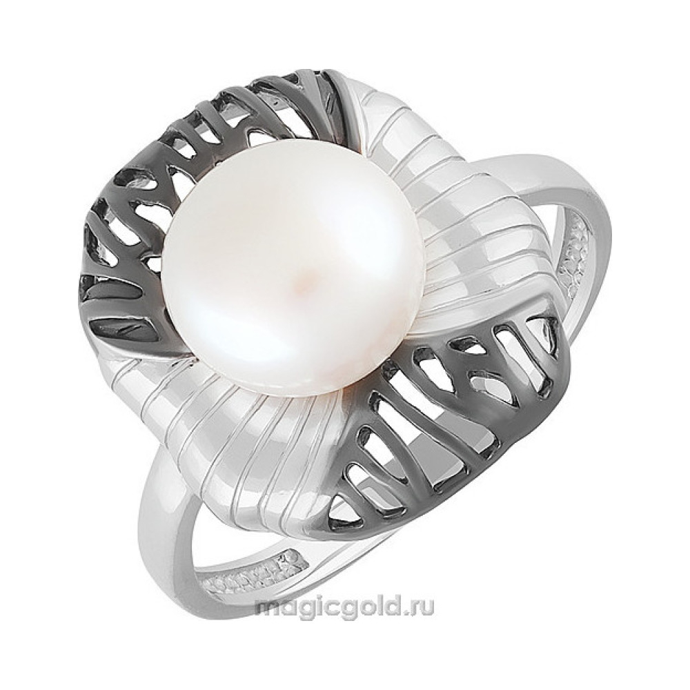 Серебряное кольцо с жемчугом, фианитом и черным покрытием № 151350