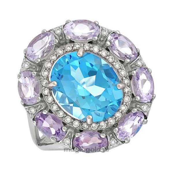 Серебряное кольцо с полудрагоценными вставками и фианитом № 129682