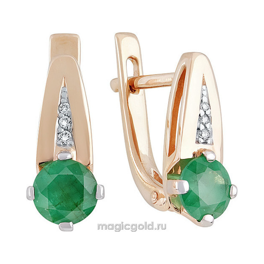 Золотые серьги с бриллиантом и изумрудом № 139271