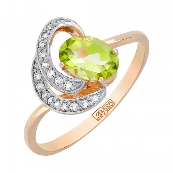 Золотое кольцо с хризолитом и фианитом № 106419