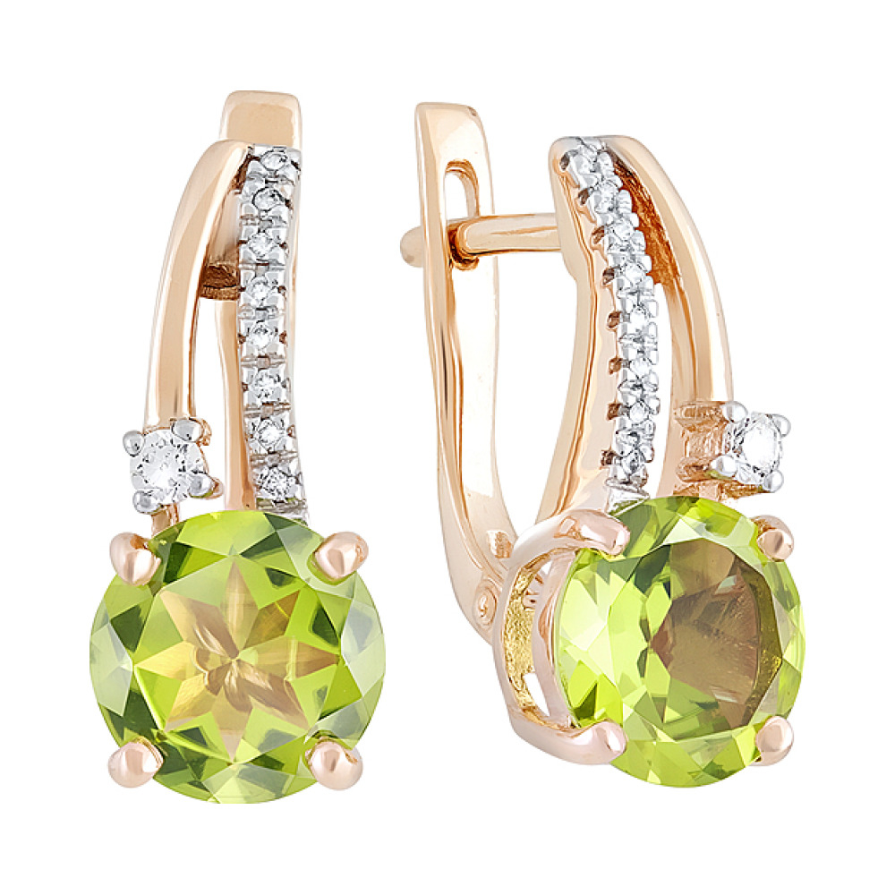 Золотые серьги с хризолитом и фианитом № 123108