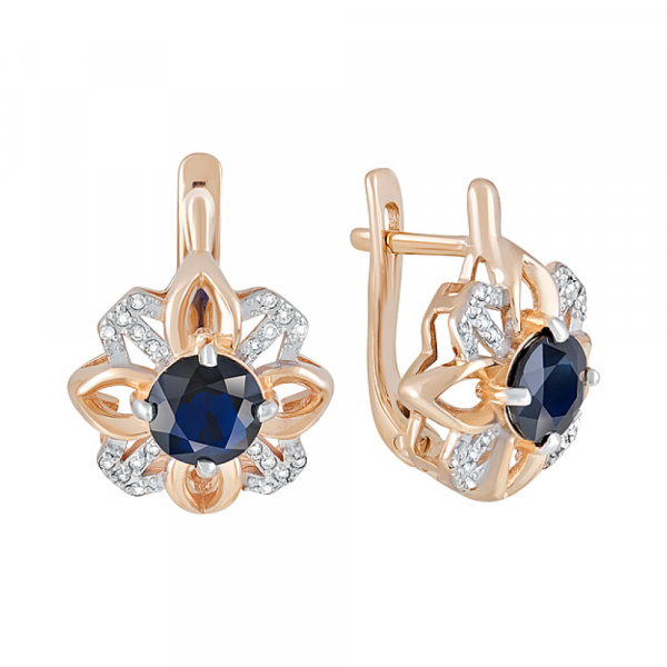 Золотые серьги с бриллиантом и сапфиром № 123179