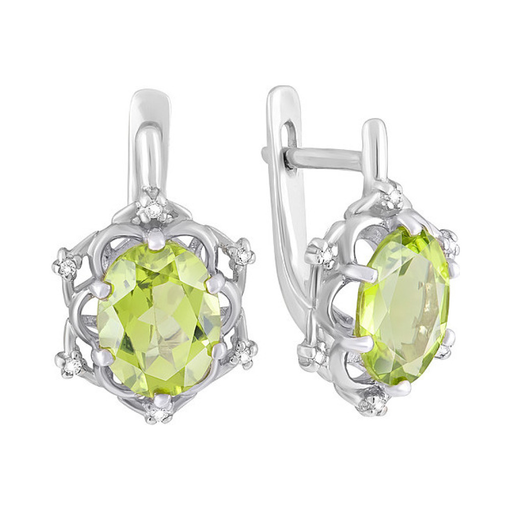 Серебряные серьги с хризолитом и фианитом № 123235