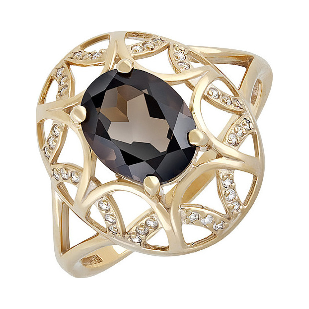 Серебряное кольцо с раухтопазом, фианитом и золотым покрытием № 132612