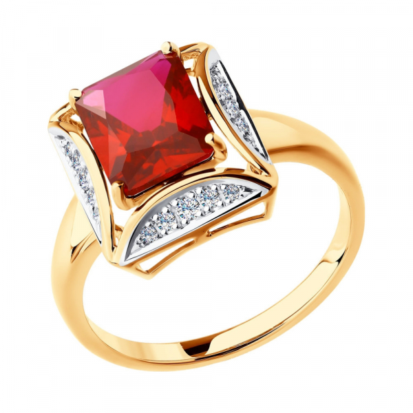 Кольцо из золота с бриллиантами и корундом рубиновым (синт.)