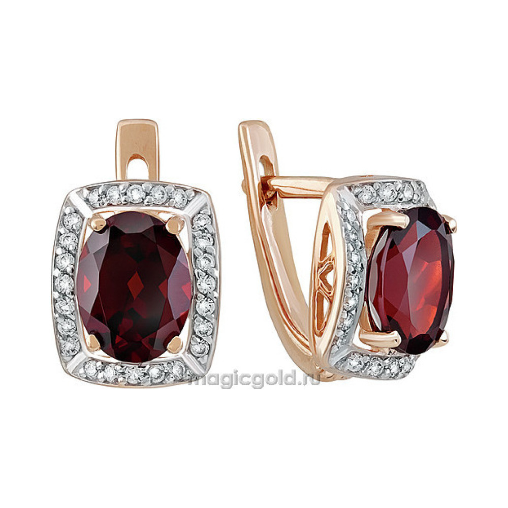 Золотые серьги с гранатом и фианитом № 141385
