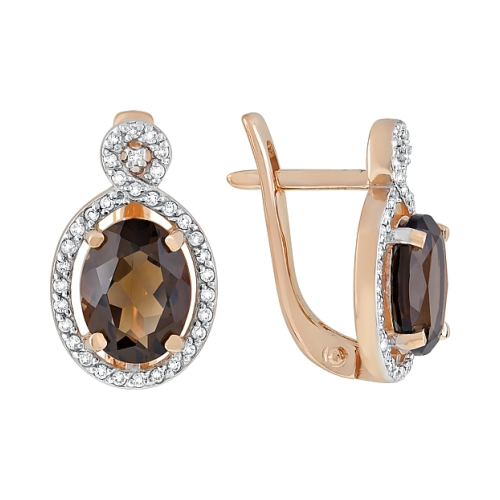 Золотые серьги с раухтопазом и фианитом № 118902